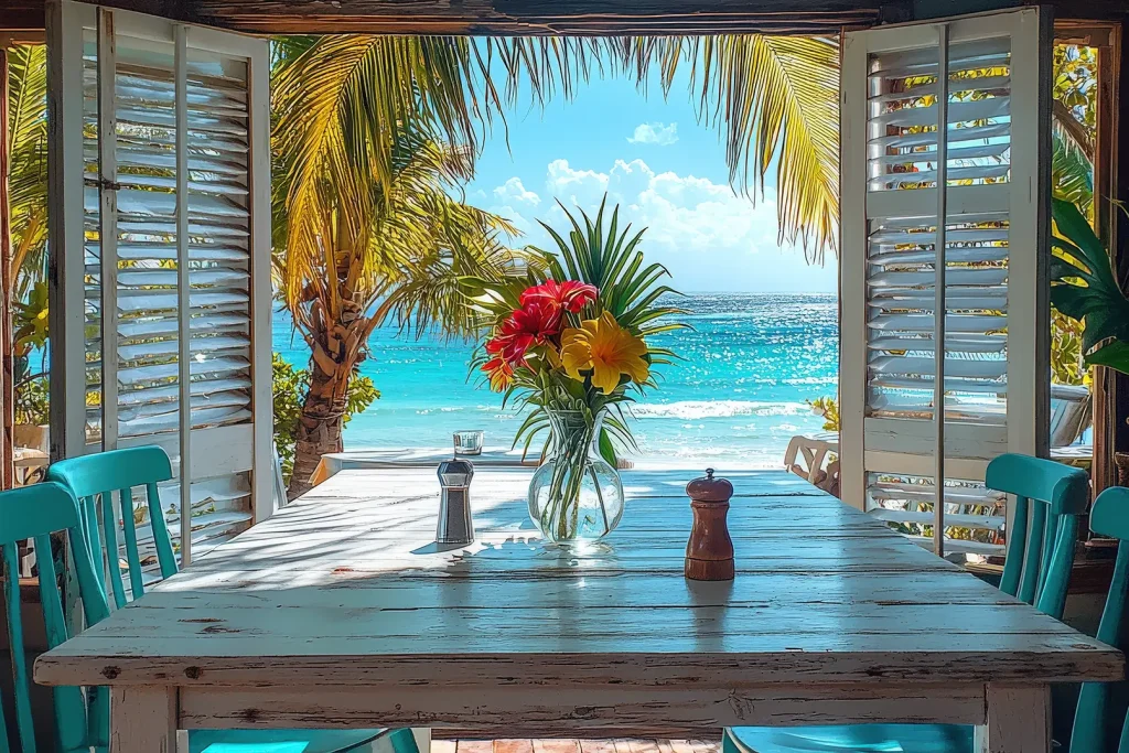 Romantic beachfront dining in Tulum with ocean view and tropical decor at The Beach Tulum Hotel