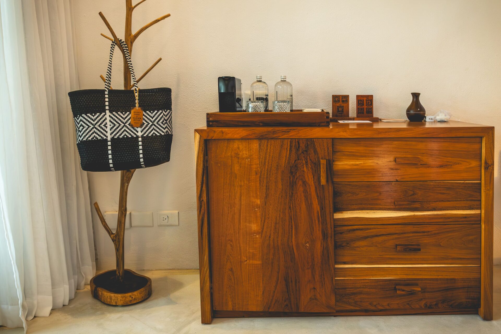 Nespresso coffee and beach bag in a deluxe room at The Beach Tulum Hotel